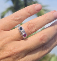 14k gold white gold red ruby, white diamond and blue sapphire filigree antique ring