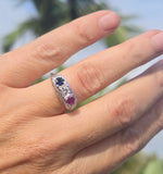 14k gold white gold red ruby, white diamond and blue sapphire filigree antique ring