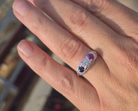14k gold white gold red ruby, white diamond and blue sapphire filigree antique ring