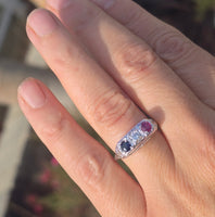14k gold white gold red ruby, white diamond and blue sapphire filigree antique ring