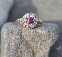 Victorian silver top and 14k gold two tone ruby old cut diamond antique halo ring
