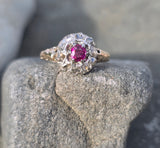 Victorian silver top and 14k gold two tone ruby old cut diamond antique halo ring