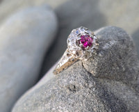 Victorian silver top and 14k gold two tone ruby old cut diamond antique halo ring