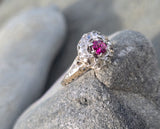 Victorian silver top and 14k gold two tone ruby old cut diamond antique halo ring