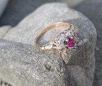 Victorian silver top and 14k gold two tone ruby old cut diamond antique halo ring