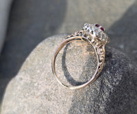 Victorian silver top and 14k gold two tone ruby old cut diamond antique halo ring