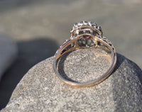 Victorian silver top and 14k gold two tone ruby old cut diamond antique halo ring
