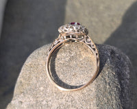Victorian silver top and 14k gold two tone ruby old cut diamond antique halo ring