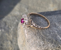 Victorian silver top and 14k gold two tone ruby old cut diamond antique halo ring