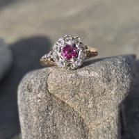 Victorian silver top and 14k gold two tone ruby old cut diamond antique halo ring
