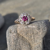 Victorian silver top and 14k gold two tone ruby old cut diamond antique halo ring