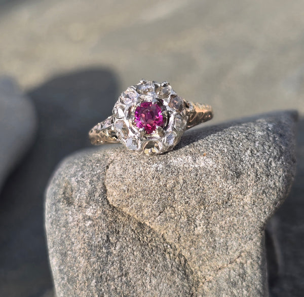 Victorian silver top and 14k gold two tone ruby old cut diamond antique halo ring