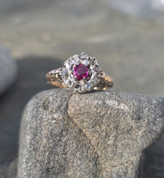 Victorian silver top and 14k gold two tone ruby old cut diamond antique halo ring