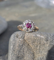 Victorian silver top and 14k gold two tone ruby old cut diamond antique halo ring