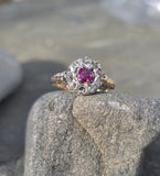 Victorian silver top and 14k gold two tone ruby old cut diamond antique halo ring