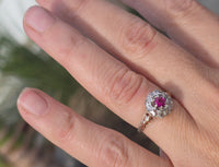 Victorian silver top and 14k gold two tone ruby old cut diamond antique halo ring