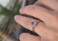 Victorian silver top and 14k gold two tone ruby old cut diamond antique halo ring