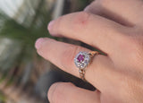 Victorian silver top and 14k gold two tone ruby old cut diamond antique halo ring