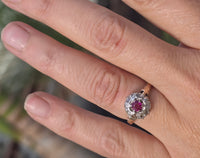 Victorian silver top and 14k gold two tone ruby old cut diamond antique halo ring