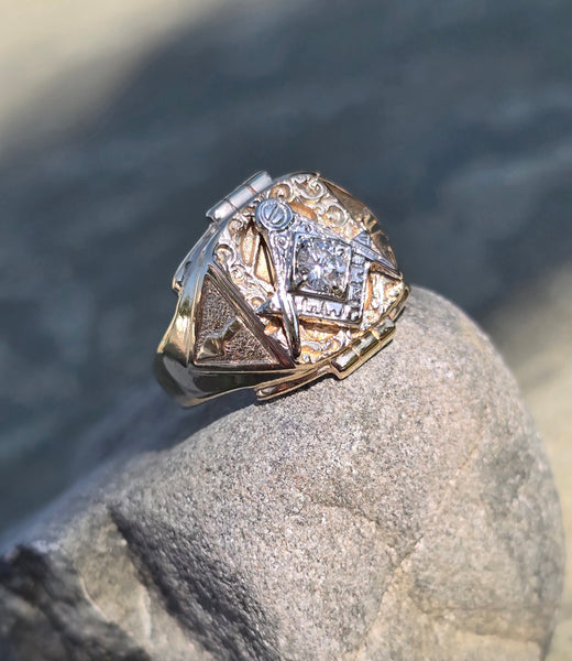 10k gold two-tone tone vintage diamond Masonic Freemason ring