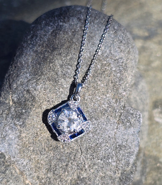 14k gold white gold sapphire & diamond DECO style necklace pendant