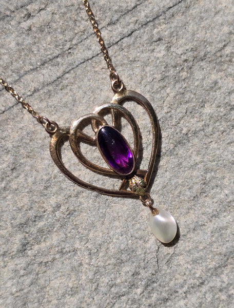 10k gold Victorian amethyst and pearl necklace pendant lavaliere