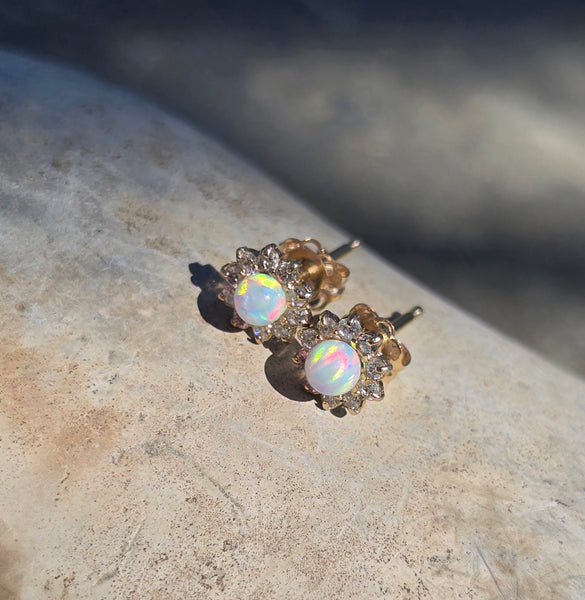 14k gold opal and diamond estate studs