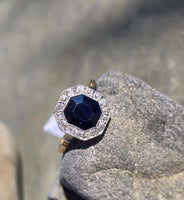 platinum & 14k gold blue sapphire and diamond halo antique ring