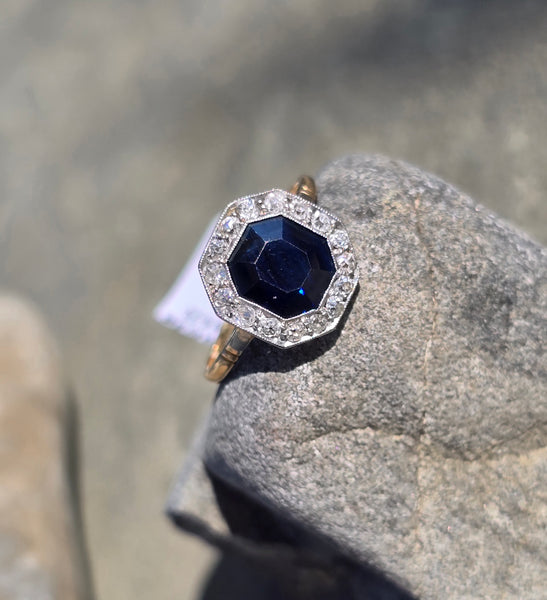 platinum & 14k gold blue sapphire and diamond halo antique ring