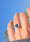 platinum & 14k gold blue sapphire and diamond halo antique ring