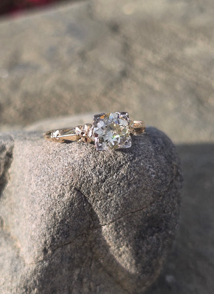 14k gold two tone floral diamond solitaire antique estate ring