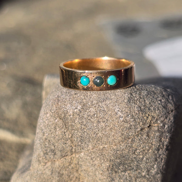 14k gold Victorian turquoise & pearl estate band ring