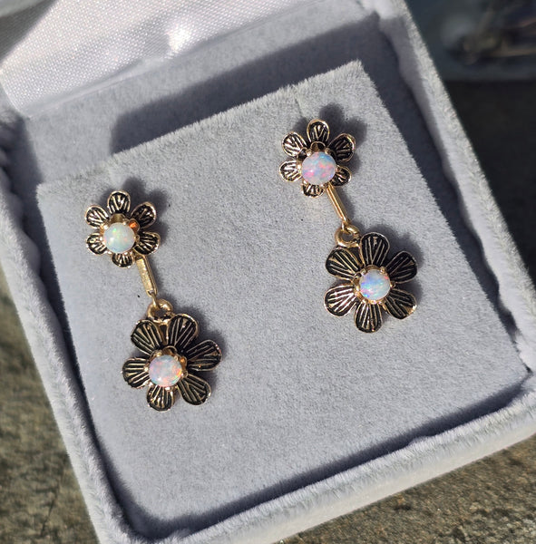 14k gold floral opal dangle estate earrings