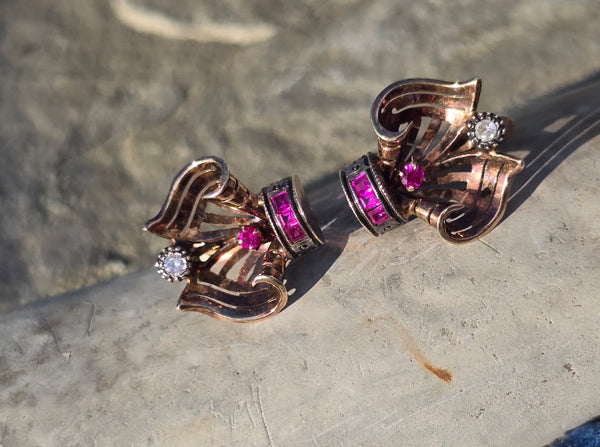 14k gold Retro mid-century c.1940's - 1950's ruby and diamond estate earrings