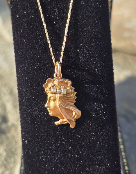 10k gold Victorian seed pearl lady face vintage pendant necklace