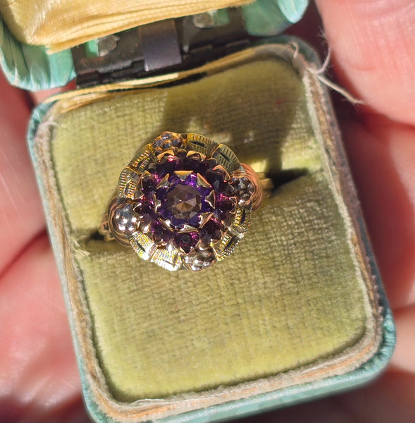 10k gold floral amethyst cluster antique ring