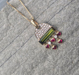 18k gold contemporary green tourmaline, diamond and ruby necklace pendant