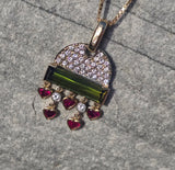 18k gold contemporary green tourmaline, diamond and ruby necklace pendant