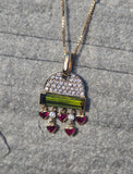 18k gold contemporary green tourmaline, diamond and ruby necklace pendant