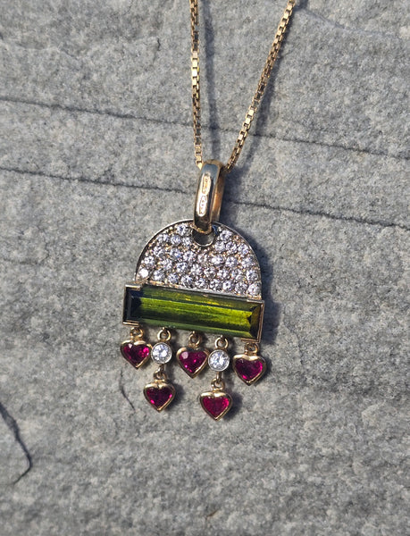18k gold contemporary green tourmaline, diamond and ruby necklace pendant