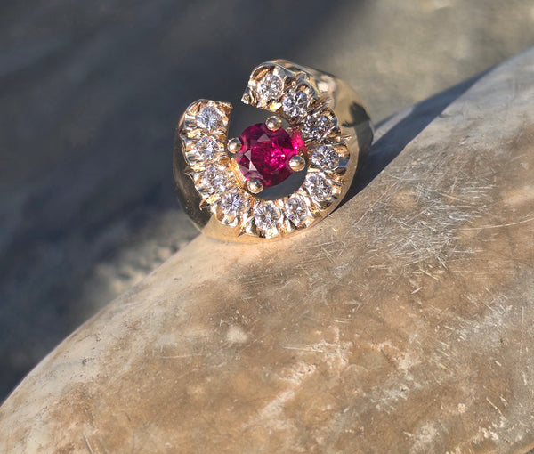 14k gold diamond and ruby horseshoe estate ring