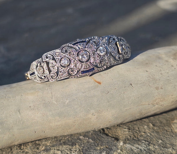 platinum - 18k gold two tone Deco diamond and sapphire estate bracelet
