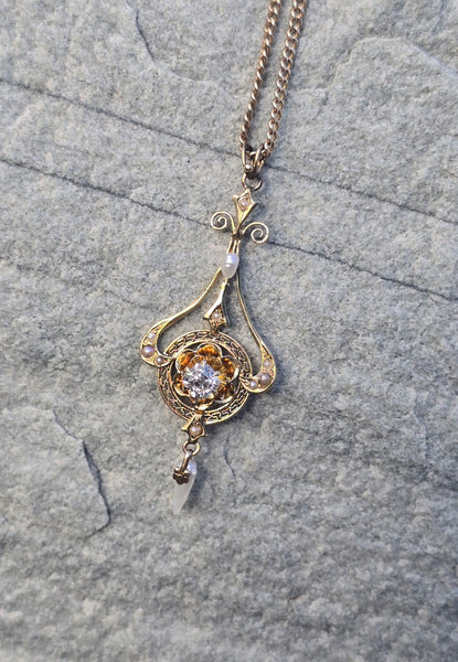 14k gold old mine cut diamond and pearl antique necklace pendant lavaliere