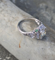platinum Art Deco c.1920's European cut diamond and emerald estate vintage antique ring