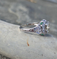 platinum Art Deco c.1920's European cut diamond and emerald estate vintage antique ring