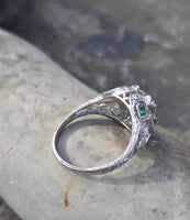 platinum Art Deco c.1920's European cut diamond and emerald estate vintage antique ring