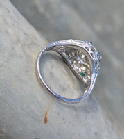 platinum Art Deco c.1920's European cut diamond and emerald estate vintage antique ring