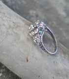 platinum Art Deco c.1920's European cut diamond and emerald estate vintage antique ring