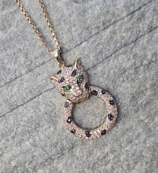 14k gold door knocker panther diamond necklace pendant - 18k chain