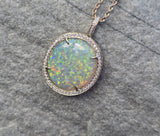 14k gold Australian opal and diamond reversible halo necklace pendant